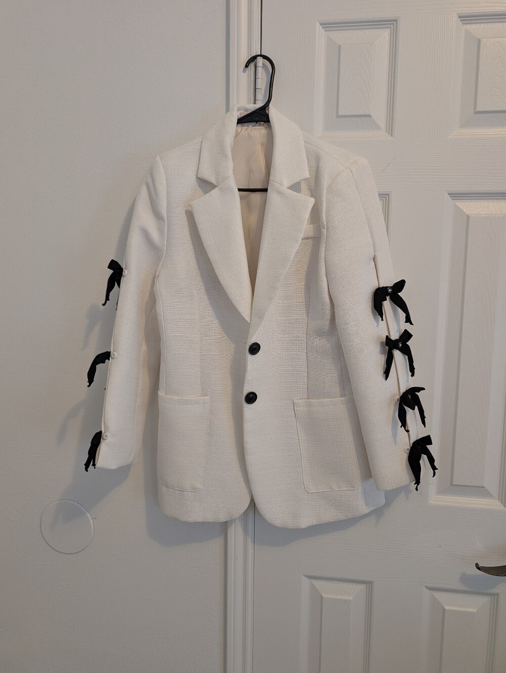 King Sandflower White Textured Blazer with Black Ribbon Detail - Size 38